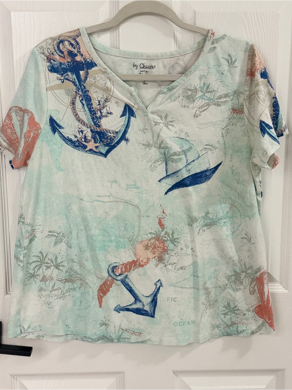 By Chico’s Top Size 3 Nautical Anchor Map Print Snap V Neck Tee Coastal Cotton